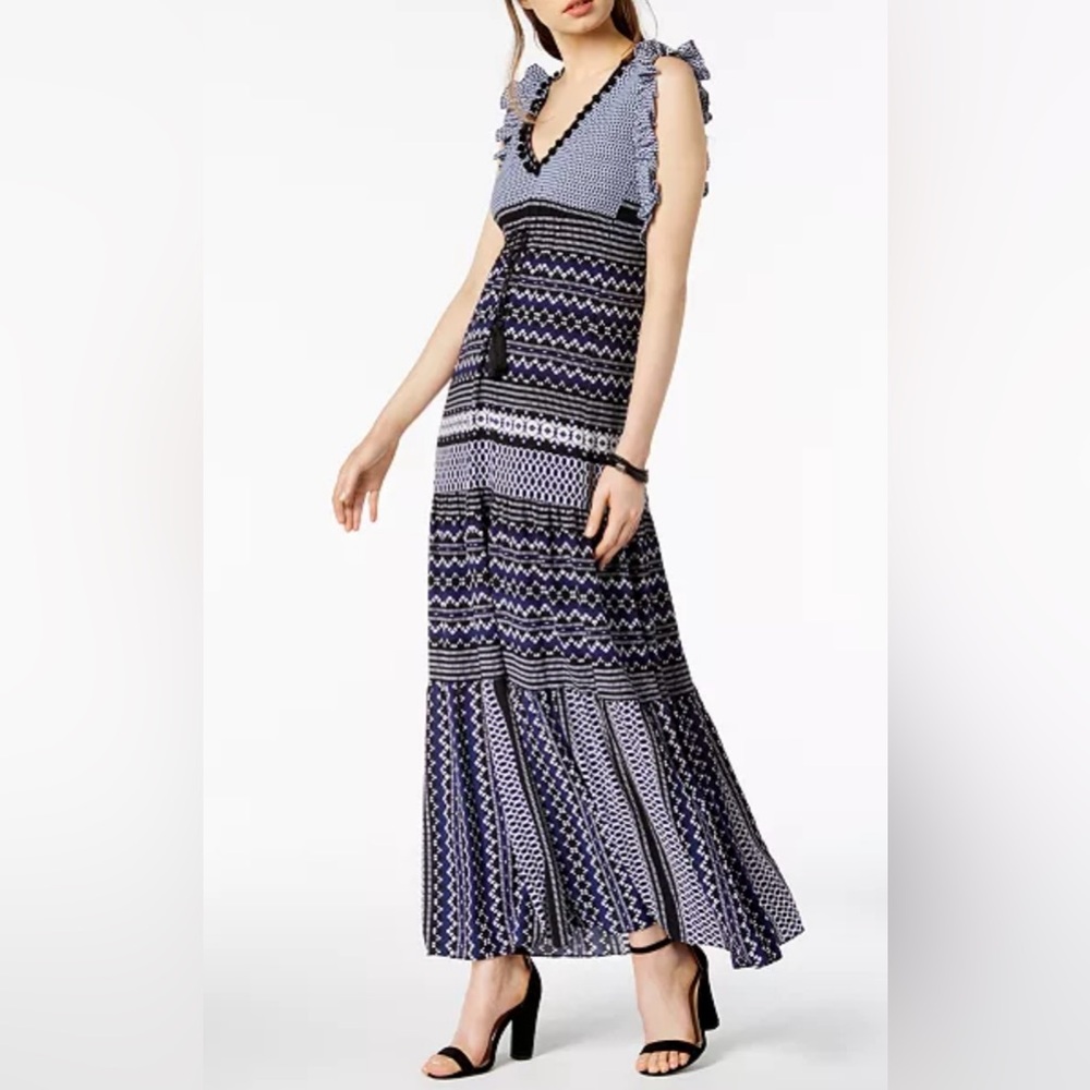 Taylor Pom-Pom-Trim Printed Maxi Dress Size 8 Euc